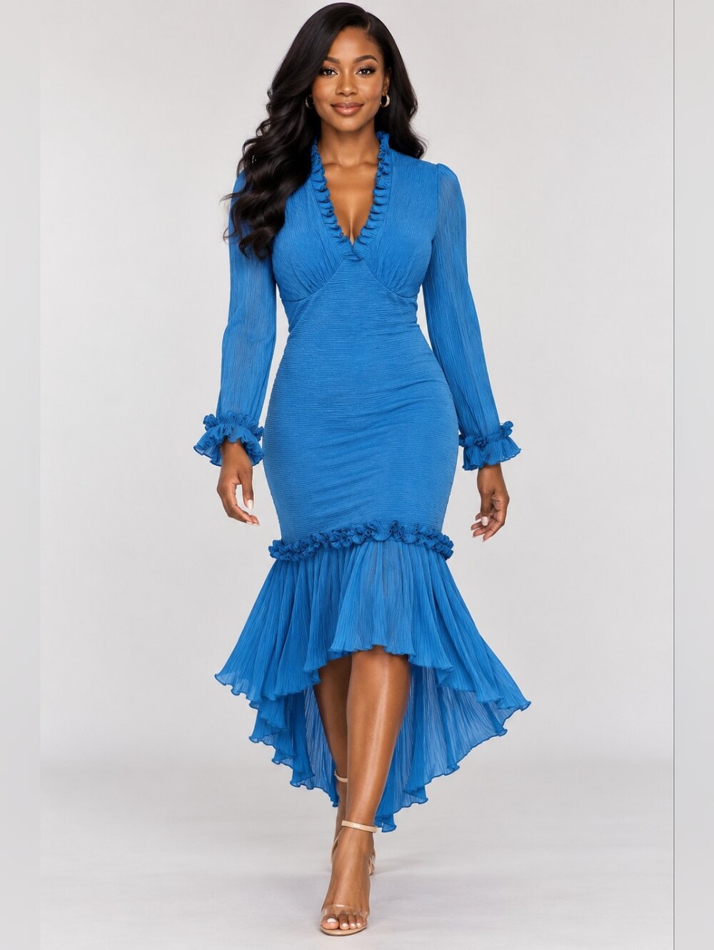 NWT Ruffled V-Neck Royal Blue High-Low Midi Stretch Long Pleated Dress Sz Small